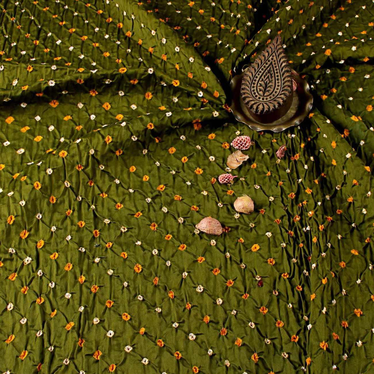 Bandhej Olive Green Small Dots Cotton Fabric