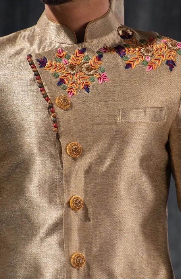 Beige & Maroon Embroidered Wedding Sherwani - Rent