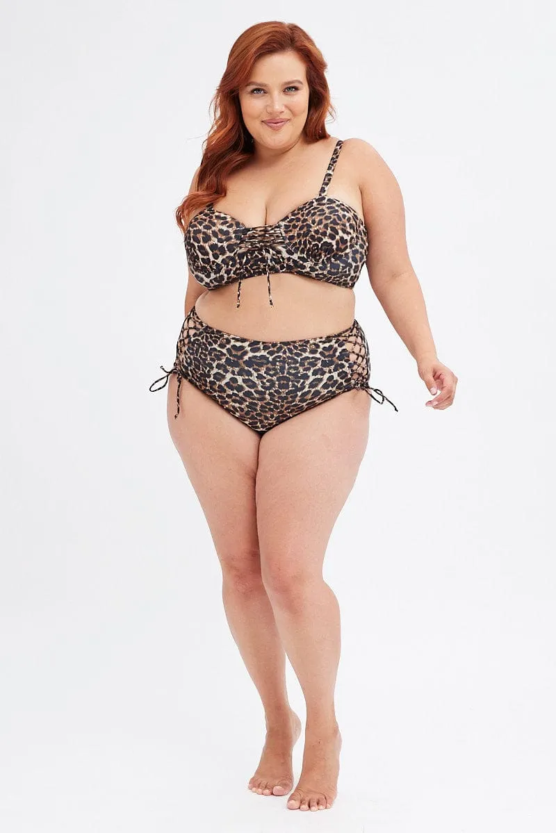 Beige Animal Print Tie Front Bikini Set