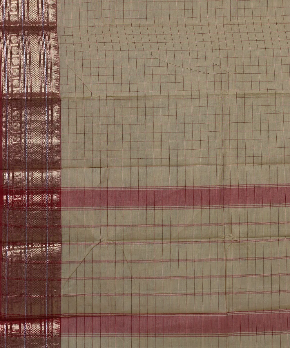 Beige maroon cotton handwoven chettinadu saree