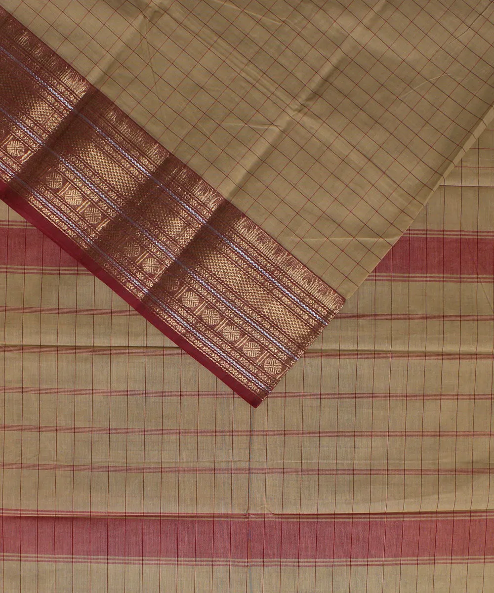 Beige maroon cotton handwoven chettinadu saree