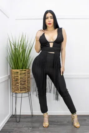 Black Fringe Bandage Top Pant Set