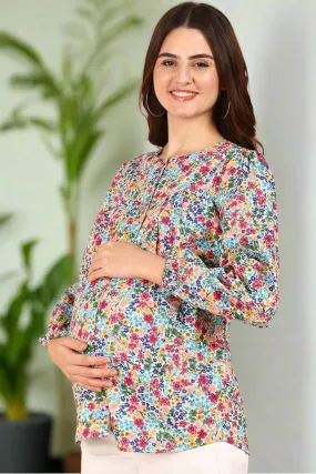 Blue Floral Printed 100% Soft Cotton Zipless Maternity Top