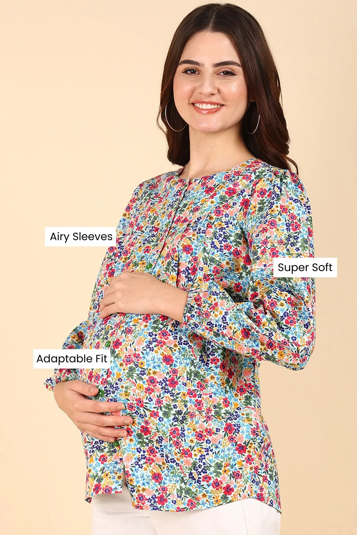 Blue Floral Printed 100% Soft Cotton Zipless Maternity Top