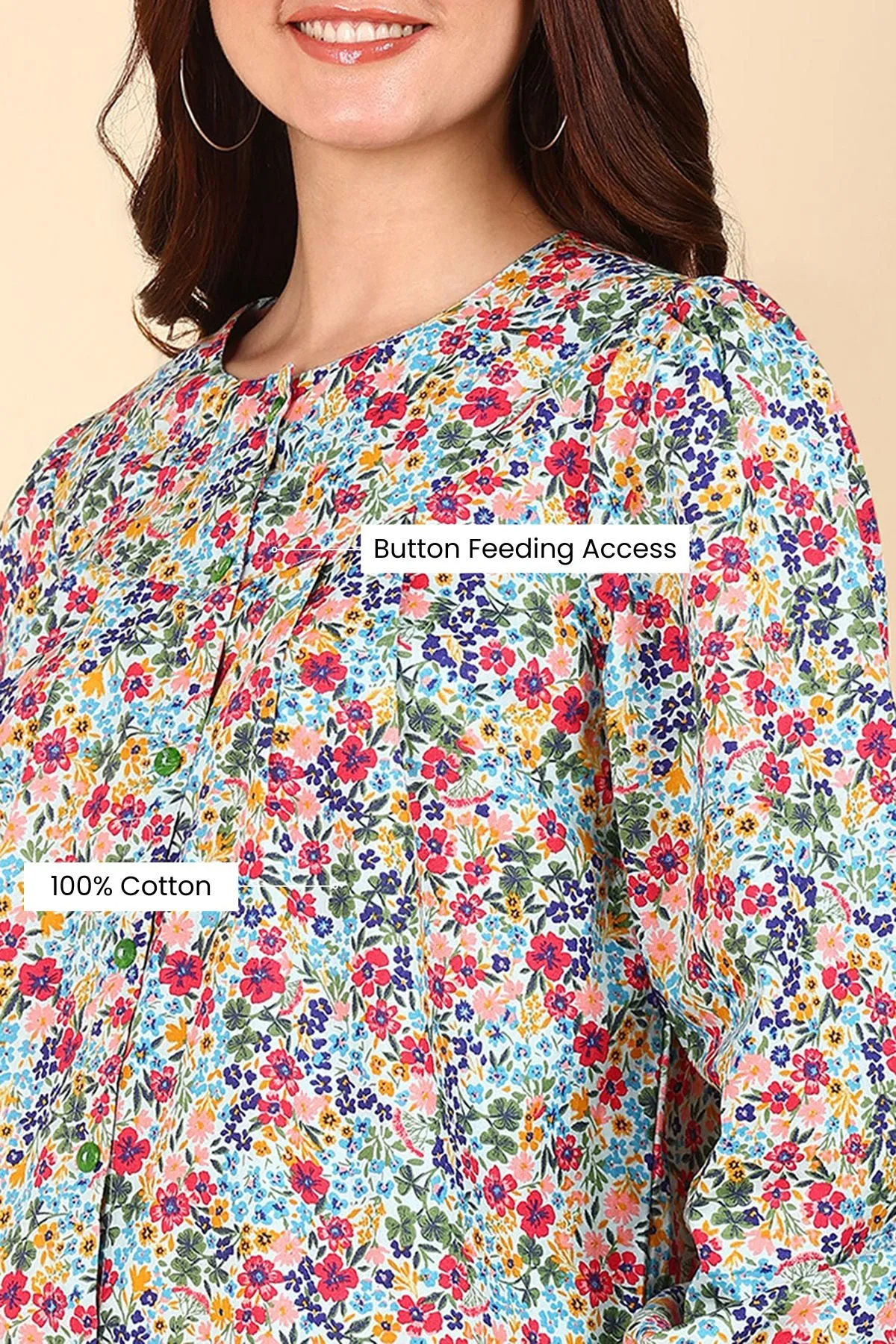 Blue Floral Printed 100% Soft Cotton Zipless Maternity Top