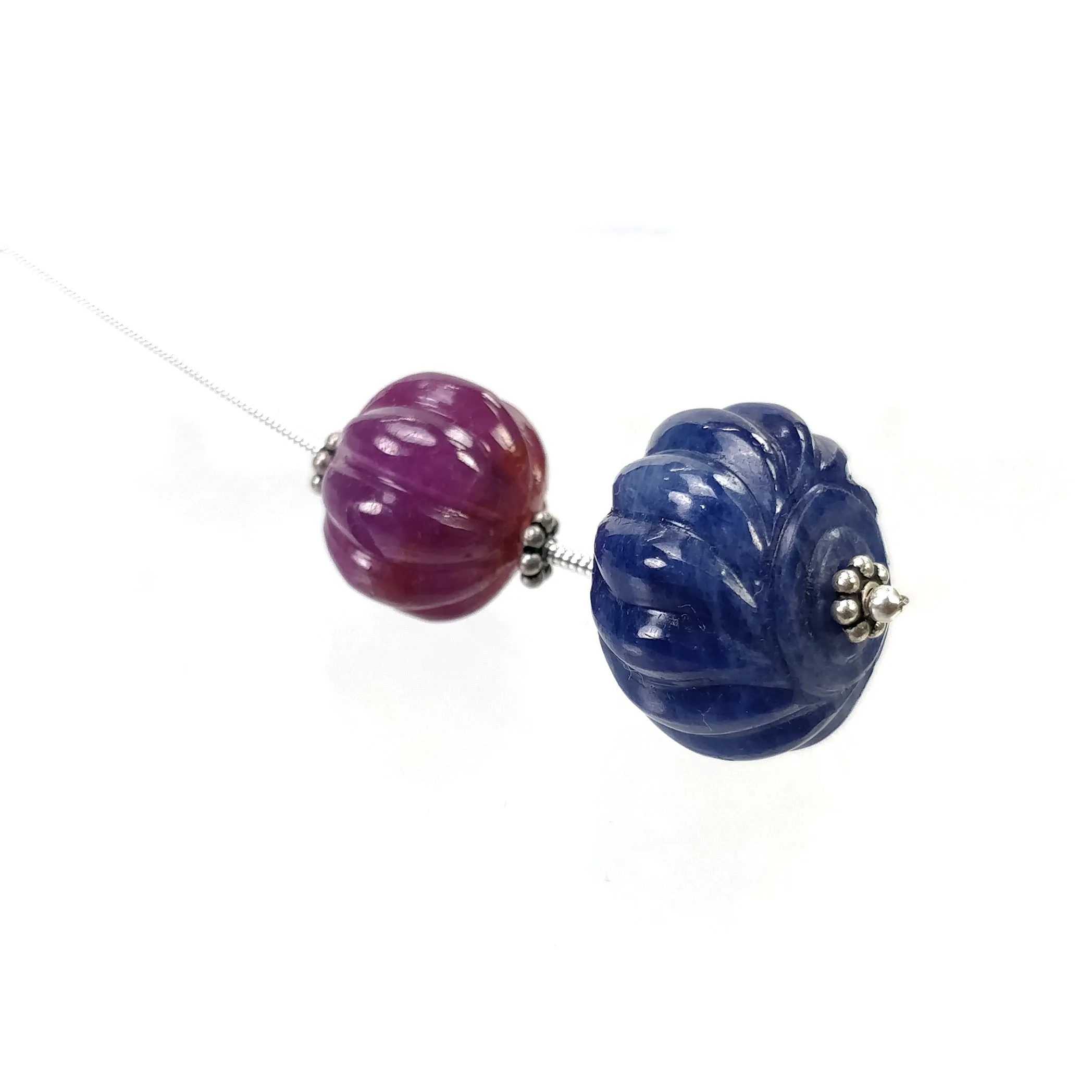 Blue SAPPHIRE & Red RUBY Gemstone Carving Loose Beads : 56.00cts Natural Untreated Ruby Hand Carved Melon Beads 13mm - 17mm