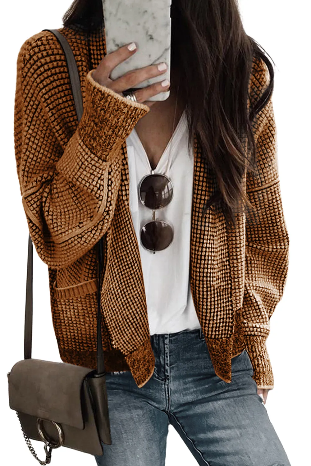 Brown Chunky Waffle Knit Oversized Collar Cardigan