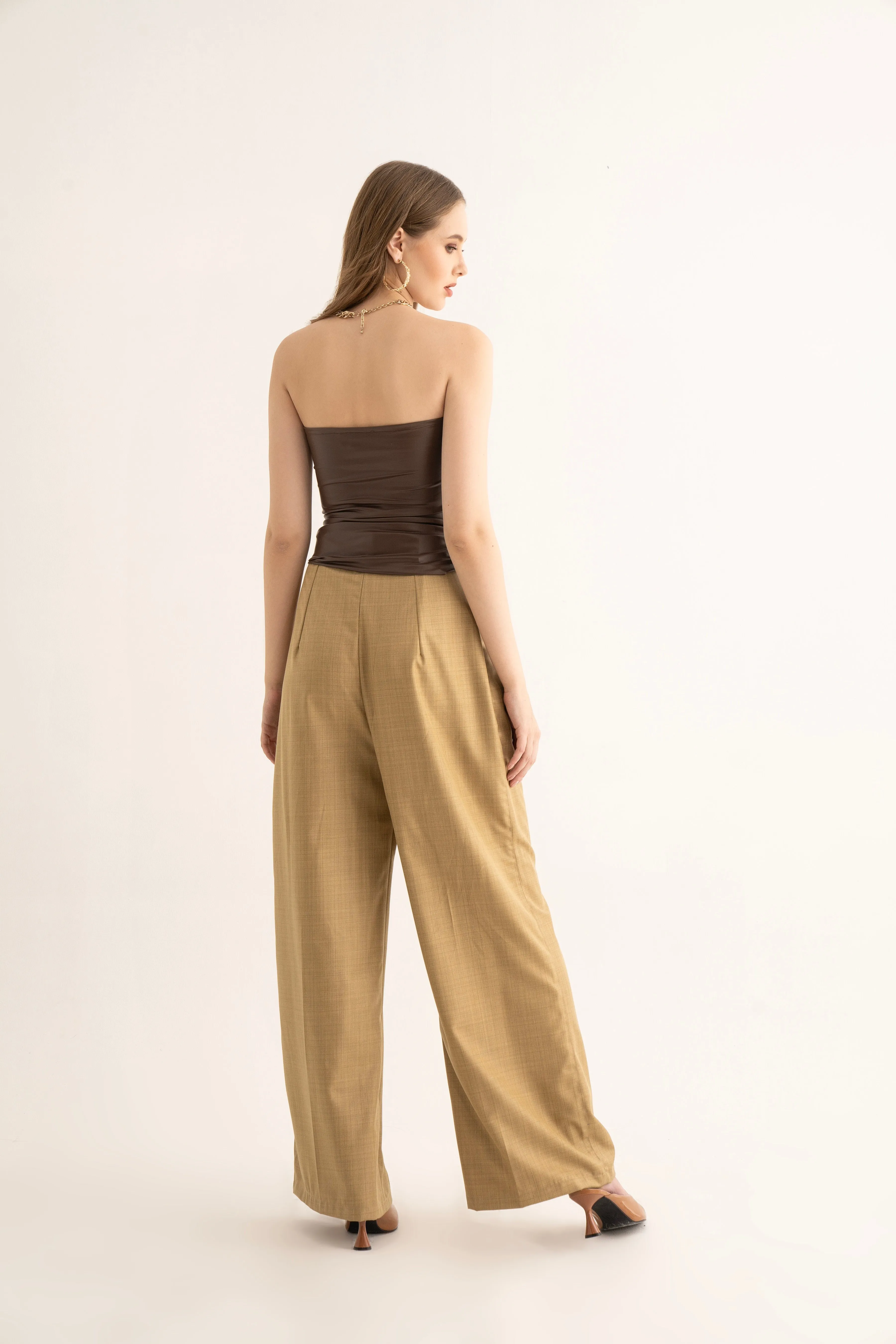 Brown Gathered Tube Top and Suiting Pants Co-ord Set