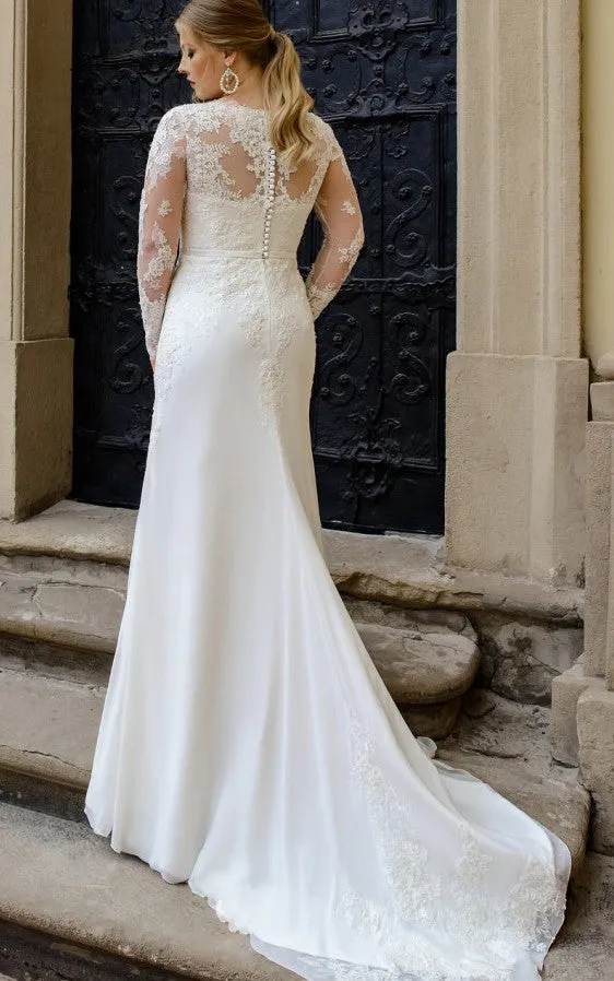 Casual A Line Floor-length Long Sleeve Satin V-neck Wedding Dress with Appliques-716190