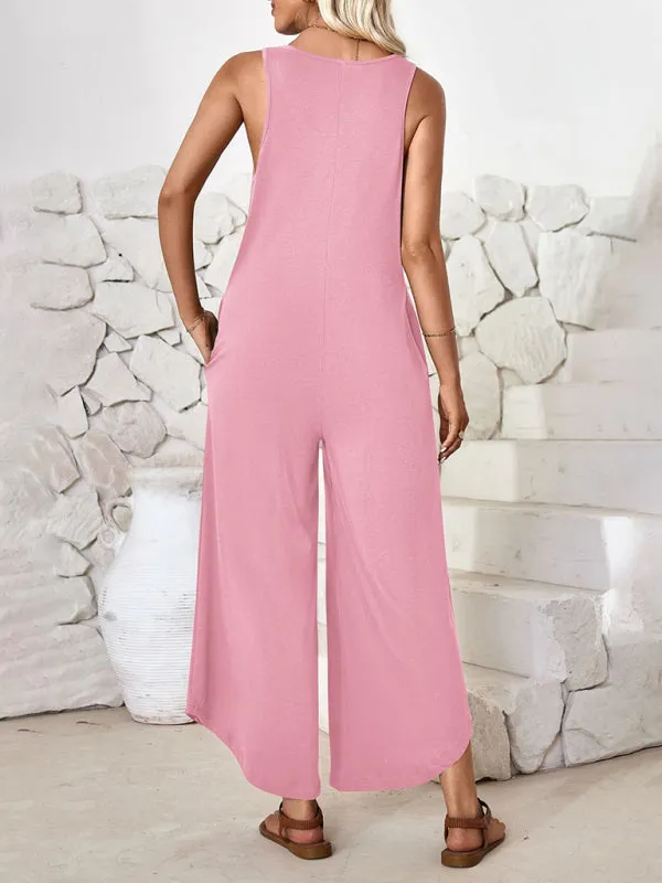 Casual sleeveless V-neck wide-leg jumpsuit with pockets