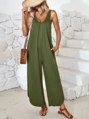 Casual sleeveless V-neck wide-leg jumpsuit with pockets