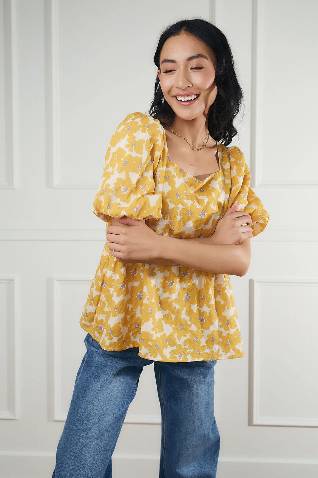 Clara Yellow Floral Bubble Sleeve Top