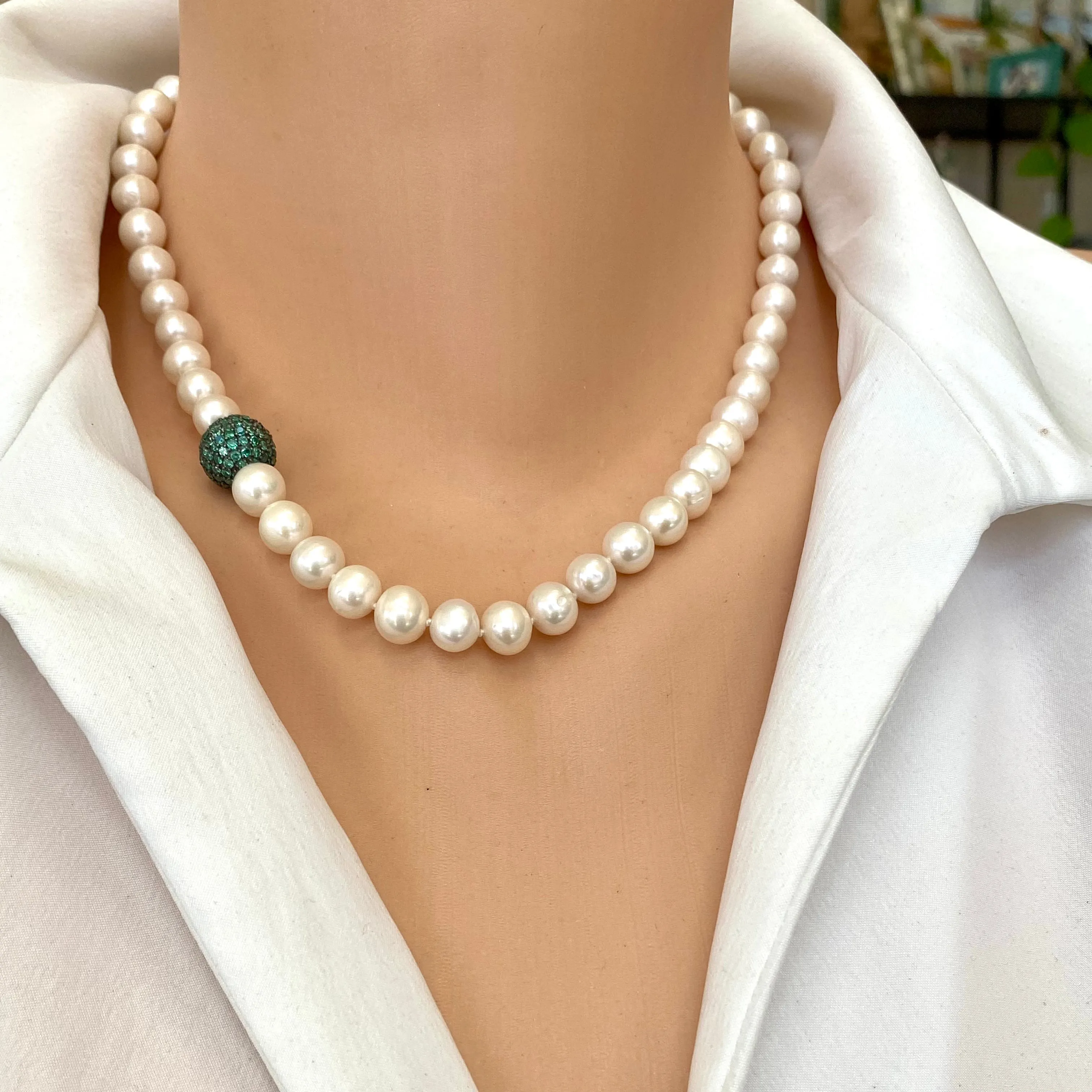 Classic White Pearls Necklace with Emerald Green Cubic Zirconia Pave Silver Ball Accent & Magnetic Clasp,18in