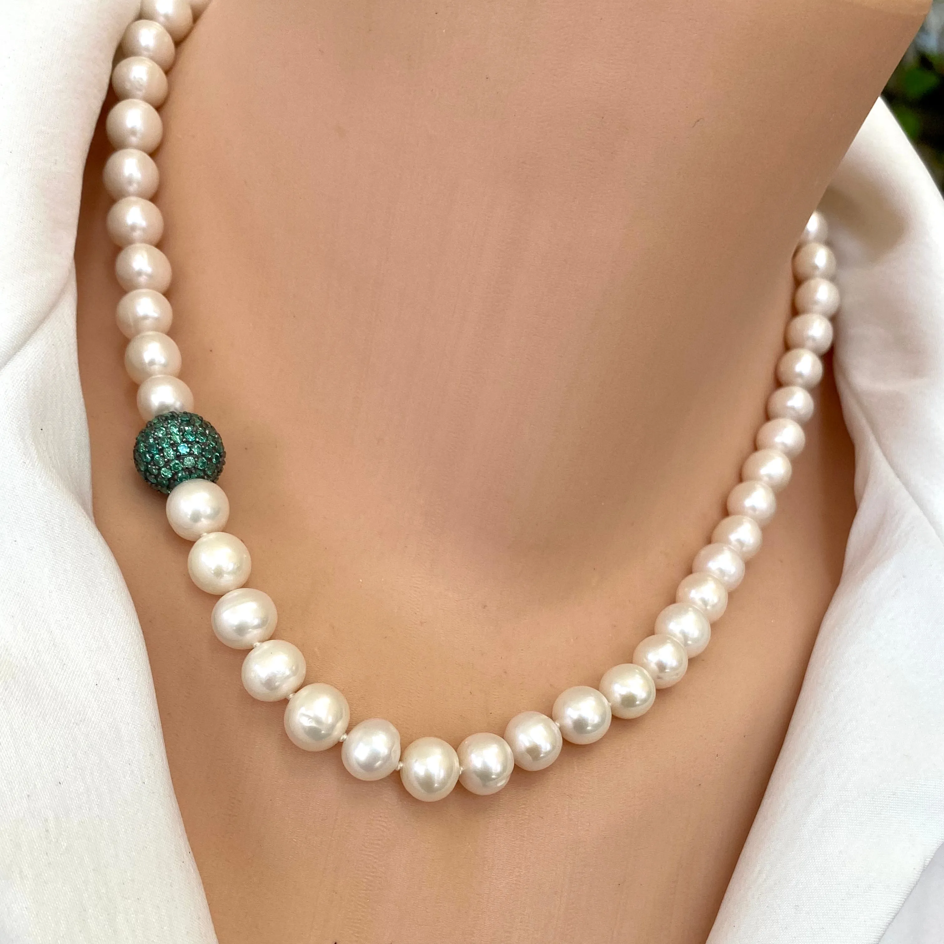 Classic White Pearls Necklace with Emerald Green Cubic Zirconia Pave Silver Ball Accent & Magnetic Clasp,18in