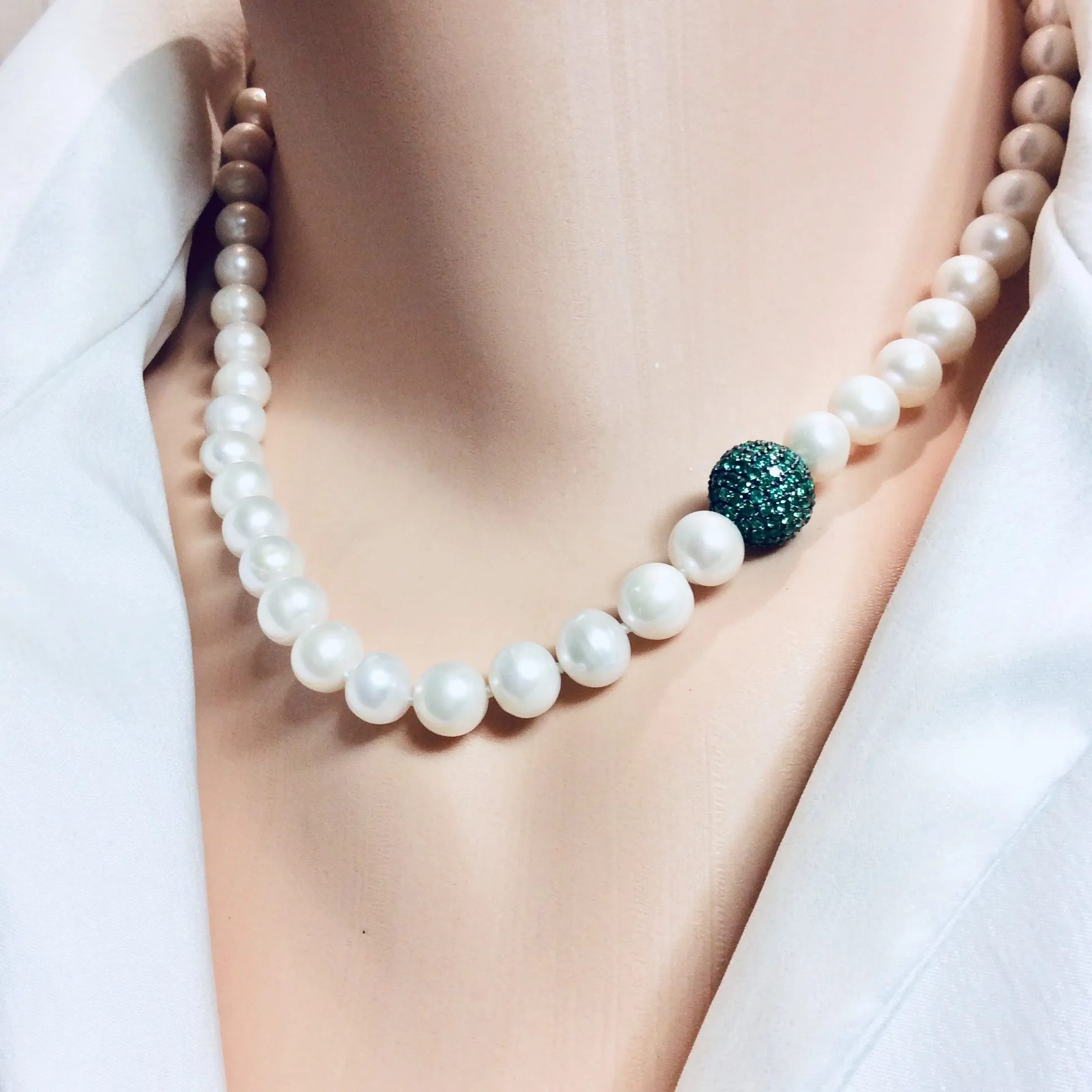 Classic White Pearls Necklace with Emerald Green Cubic Zirconia Pave Silver Ball Accent & Magnetic Clasp,18in