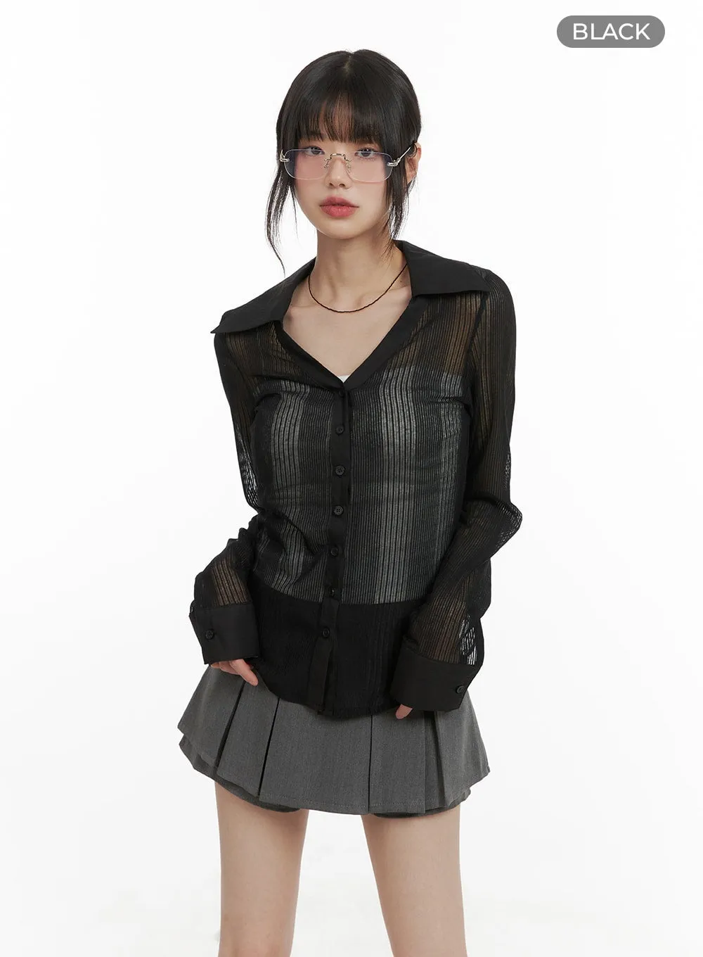 Collar See-Through Solid Long Sleeve CA412