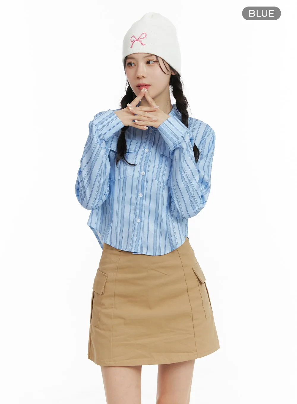 Collar Striped Button-Up Crop Shirt OM420