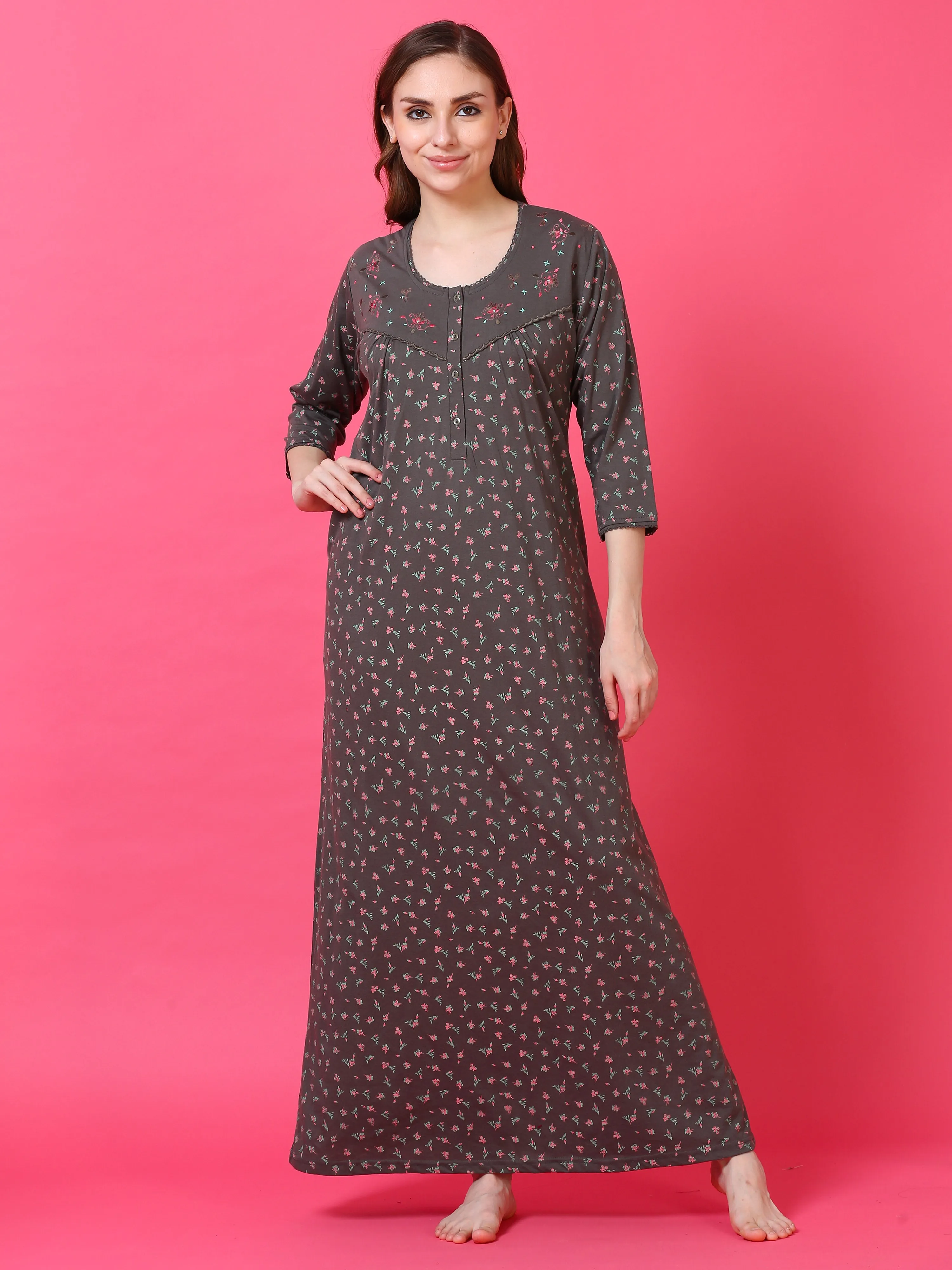 Cotton Blend Designer Maxi Nighty Dark Grey