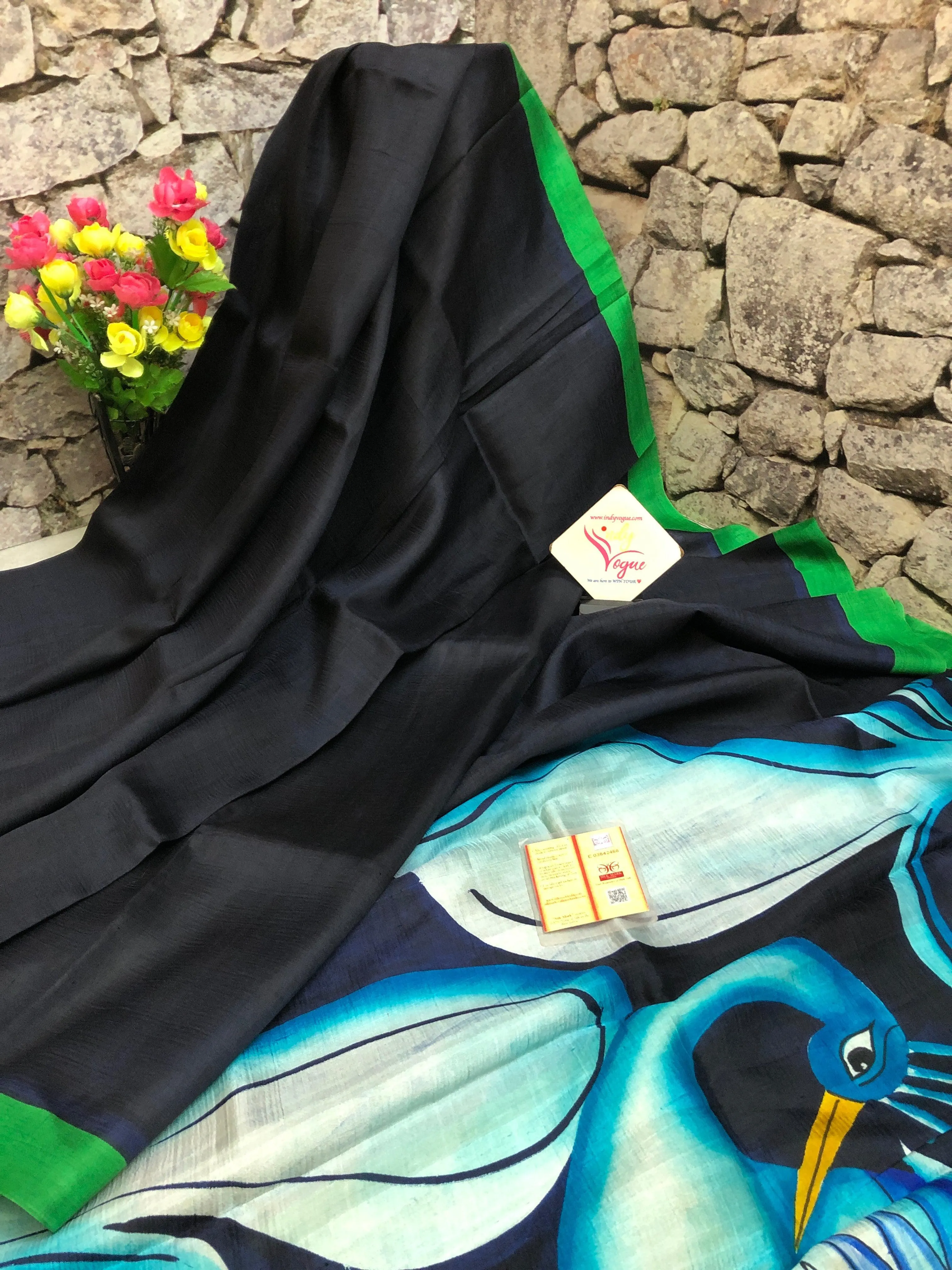 Deep Black Color Bishnupuri Silk Saree with Acid Hand Paint