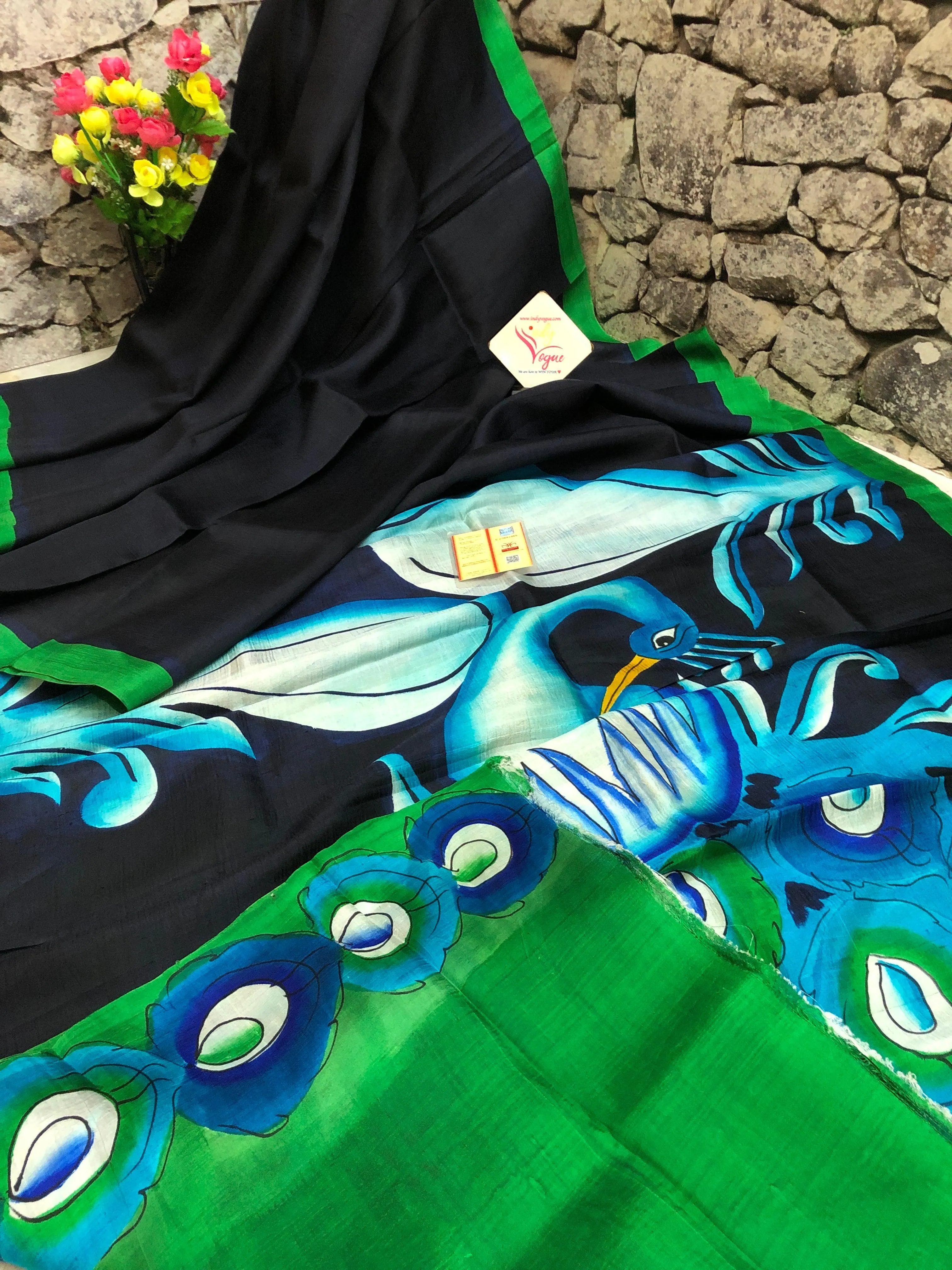 Deep Black Color Bishnupuri Silk Saree with Acid Hand Paint