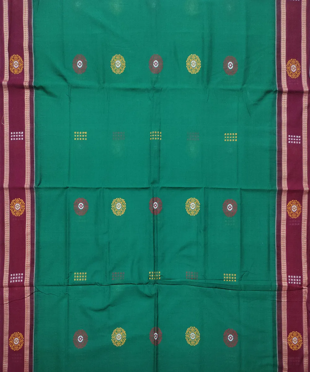 Deep green maroon cotton handloom bomkai saree