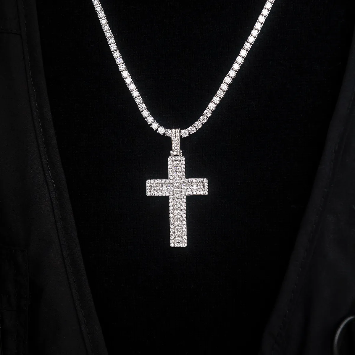 Diamond Baguette Cross Pendant in White Gold