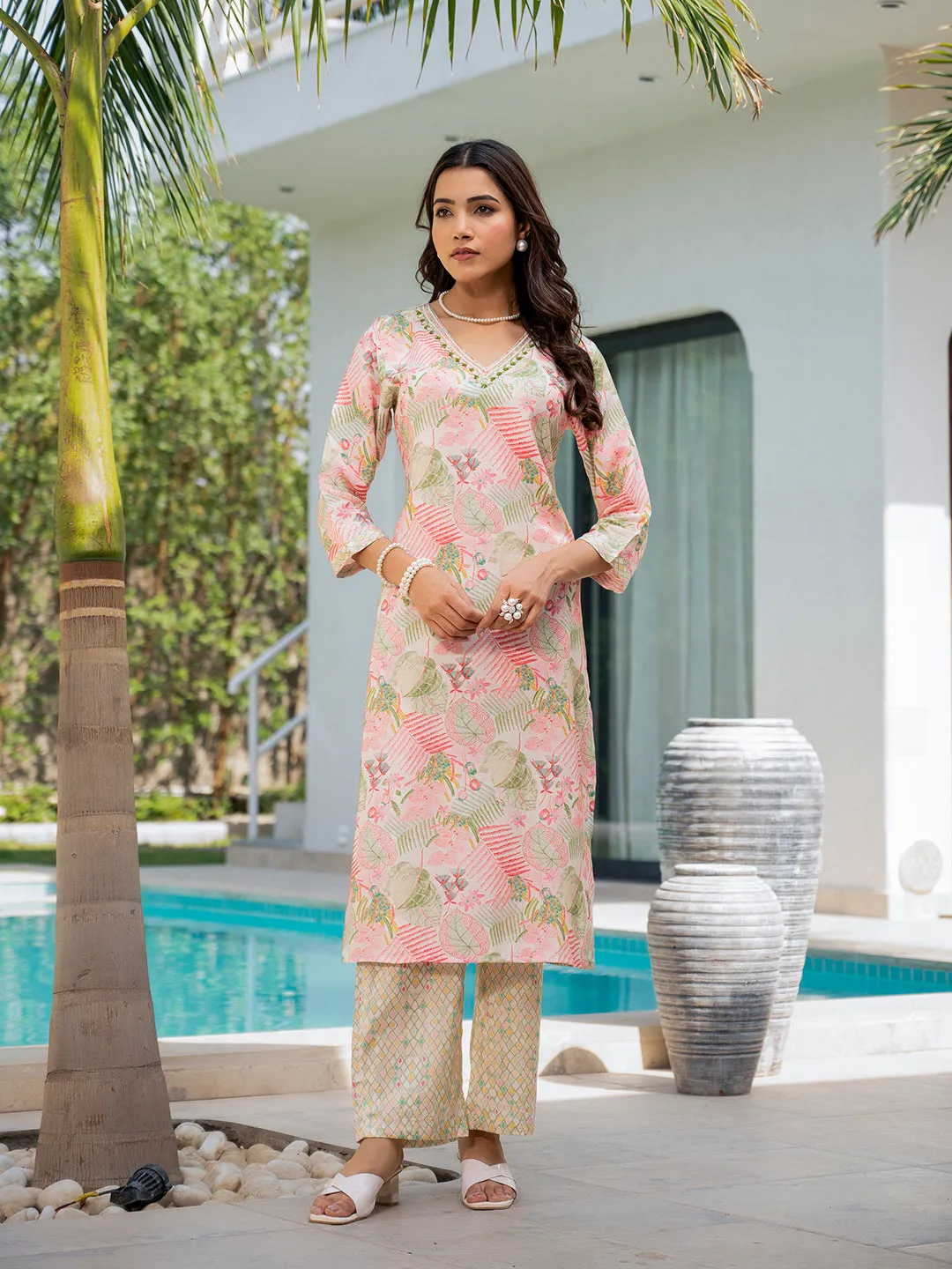 Divena Cream Embroidered & Floral Print Muslin Kurta Set