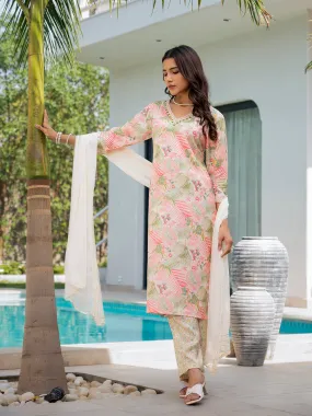 Divena Cream Embroidered & Floral Print Muslin Kurta Set