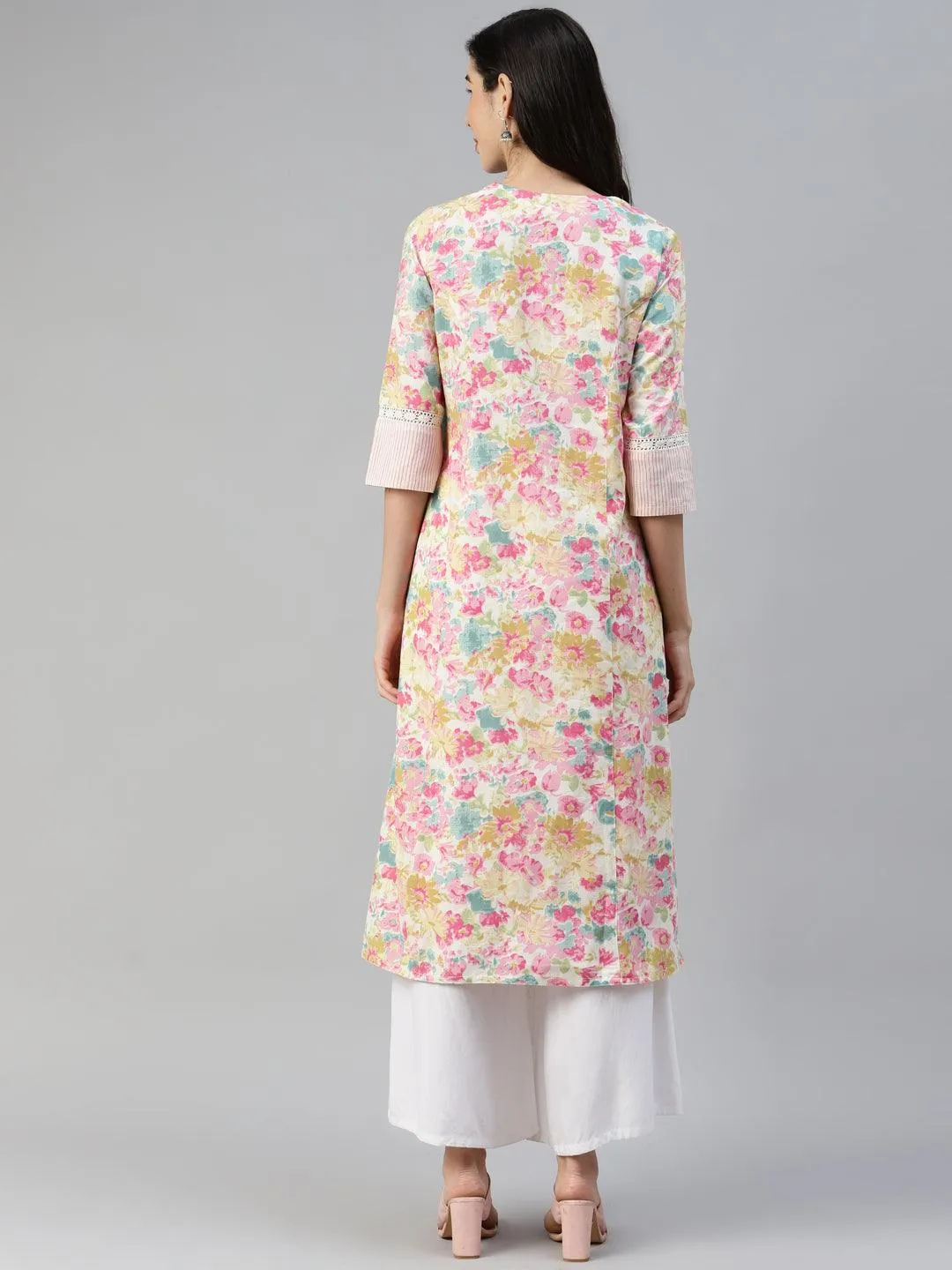 Divena Divena Multi Floral Printed Cotton Flex A-line Kurta