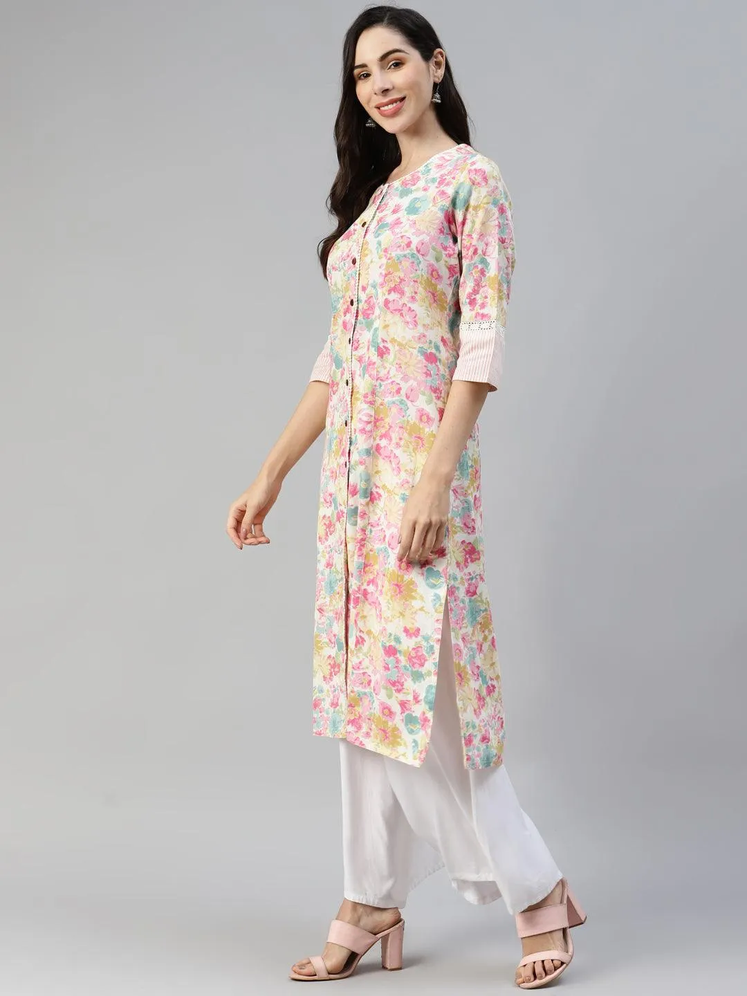 Divena Divena Multi Floral Printed Cotton Flex A-line Kurta