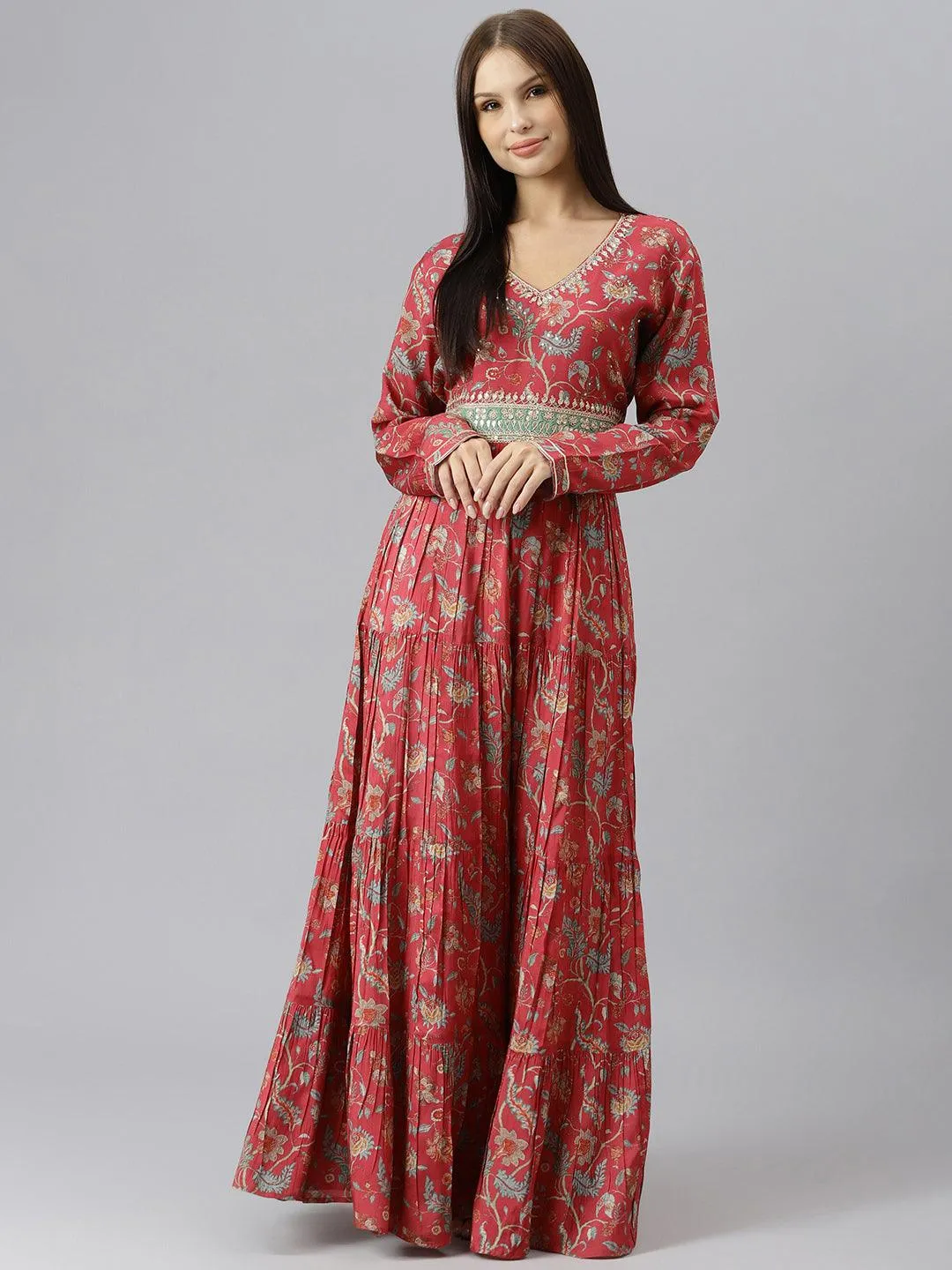 Divena Maroon Floral Printed Muslin Flared Gown