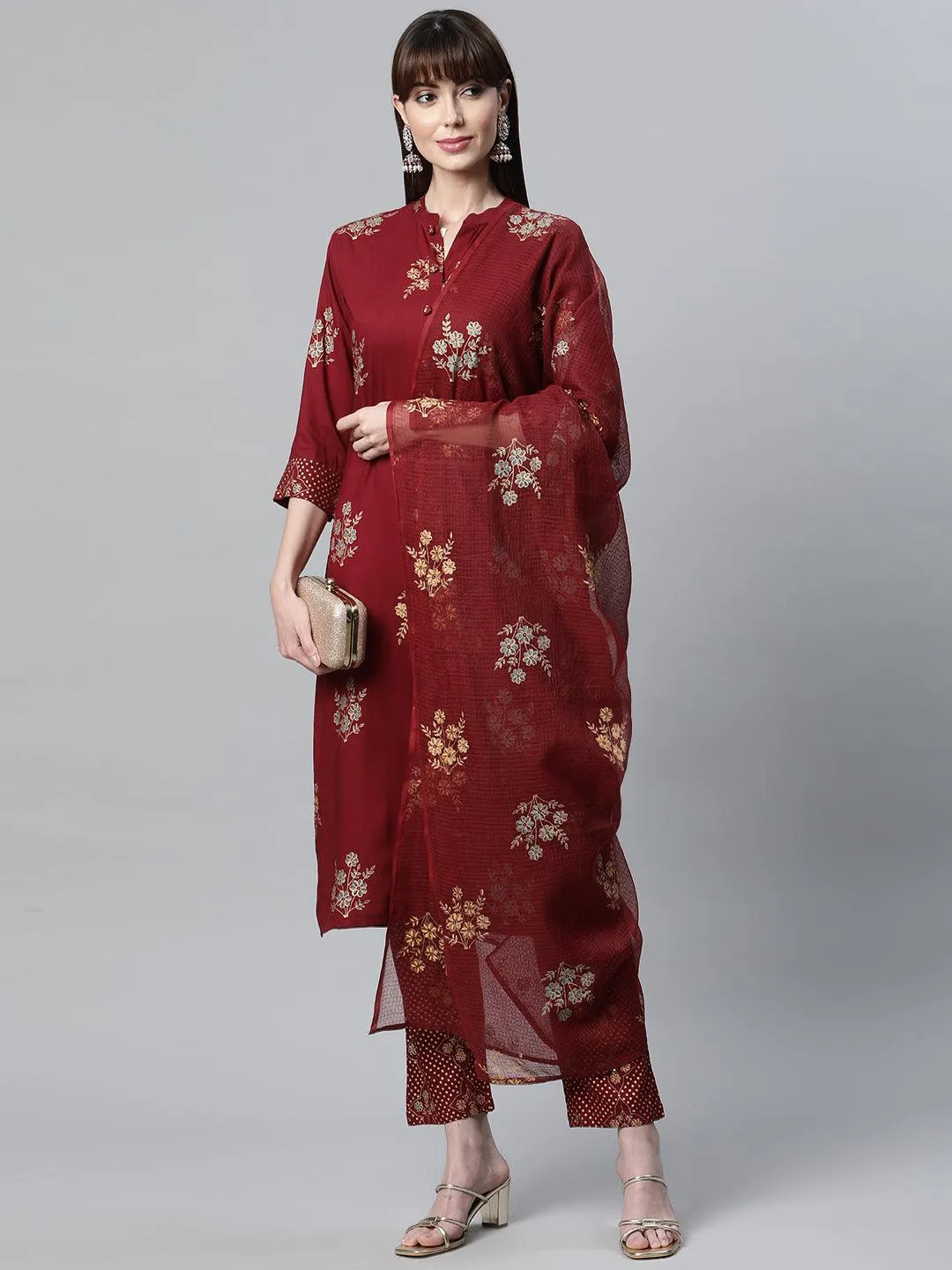 Divena Maroon Rayon Kurta Pant Set with kota doria Dupatta