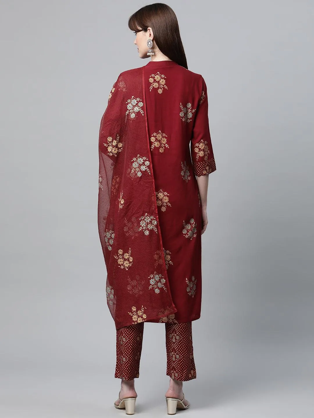 Divena Maroon Rayon Kurta Pant Set with kota doria Dupatta