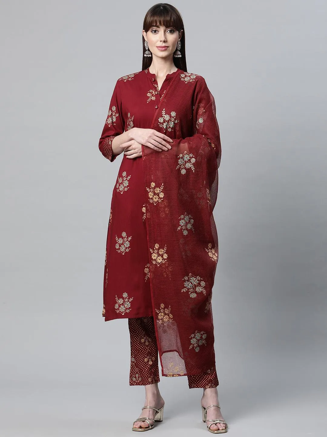 Divena Maroon Rayon Kurta Pant Set with kota doria Dupatta