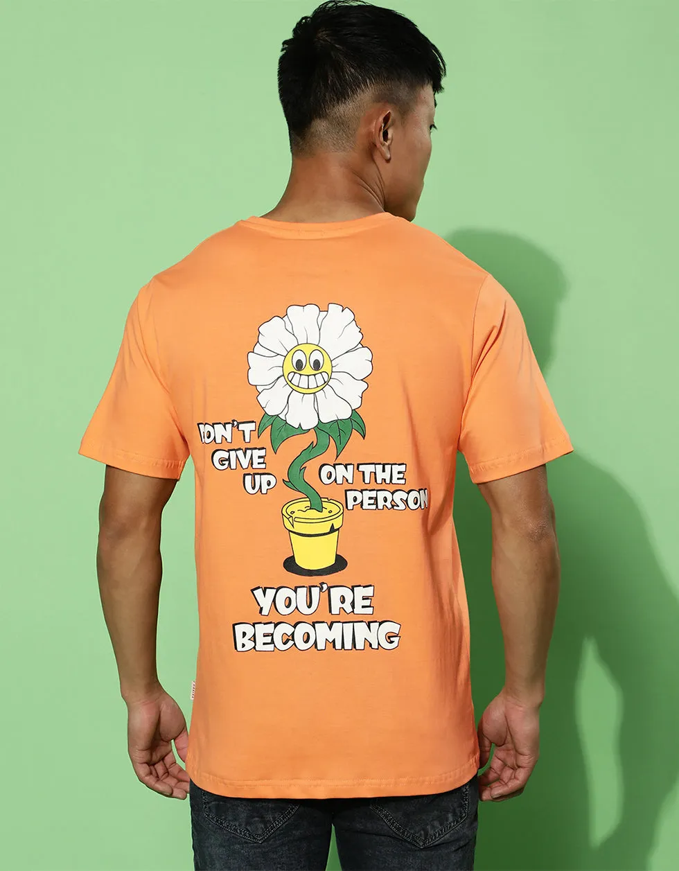 Don't Give Up Orange Regular fit Printed Back Graphic Printed Tshirt