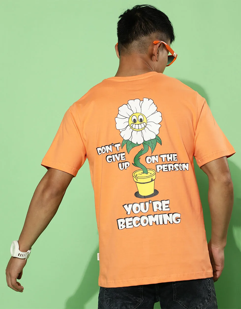 Don't Give Up Orange Regular fit Printed Back Graphic Printed Tshirt