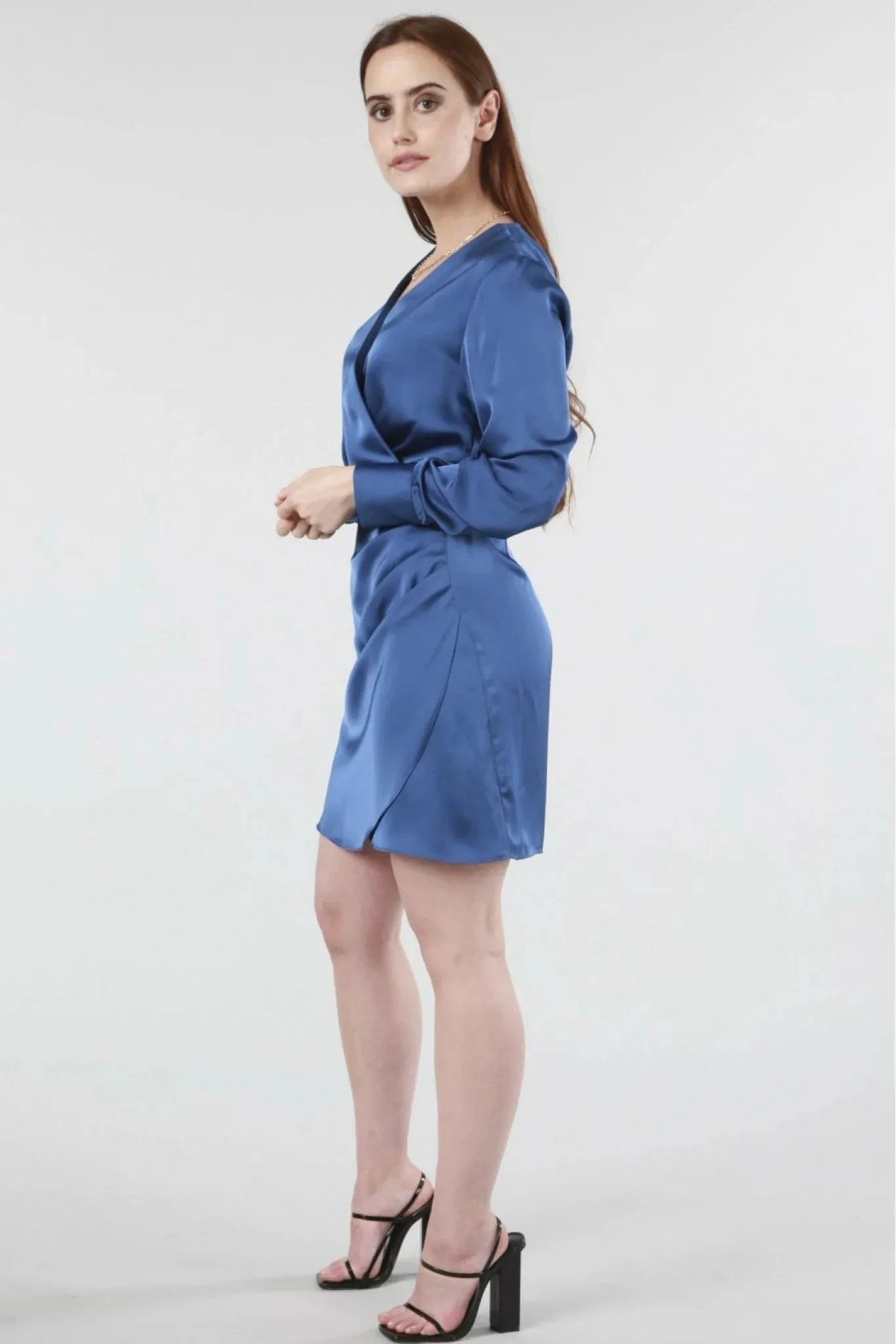 Double Second Blue Satin Pleated Wrap Front Dress