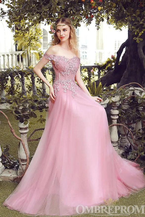 Elegant Off Shoulder Lace Up Prom Dresses with Appliques