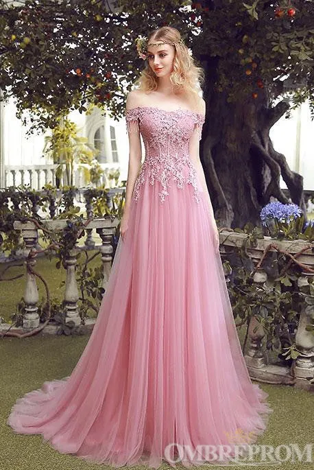 Elegant Off Shoulder Lace Up Prom Dresses with Appliques