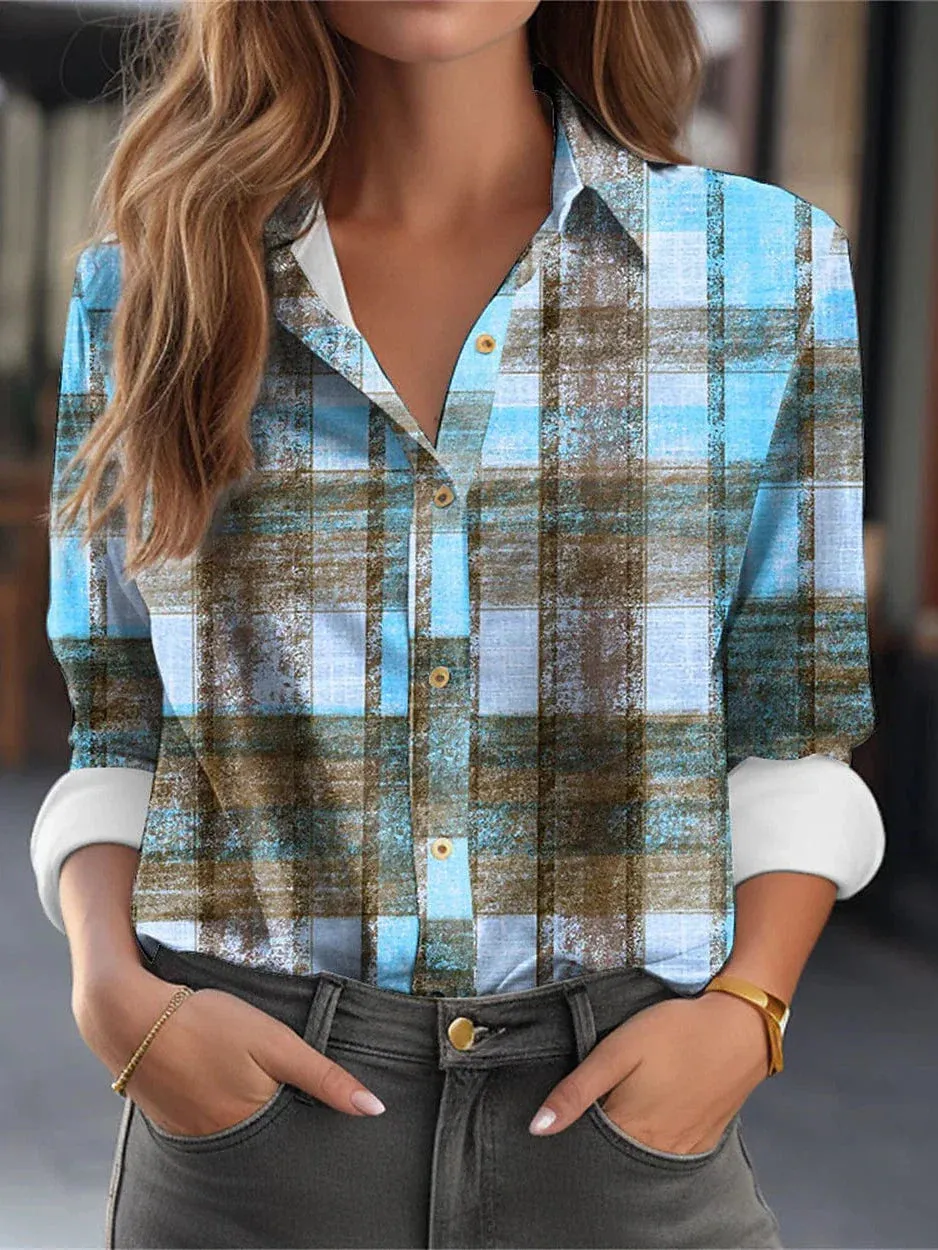 Elegant Plaid Yellow and Blue Shirt Blouse for Women