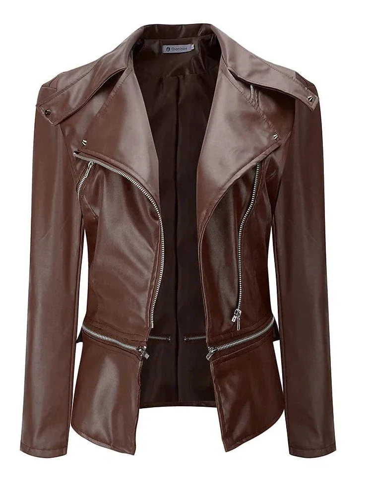 Elegant Women's Faux Leather Jacket with Notch Lapel Collar and Whisper-Soft Faux Fleece Material