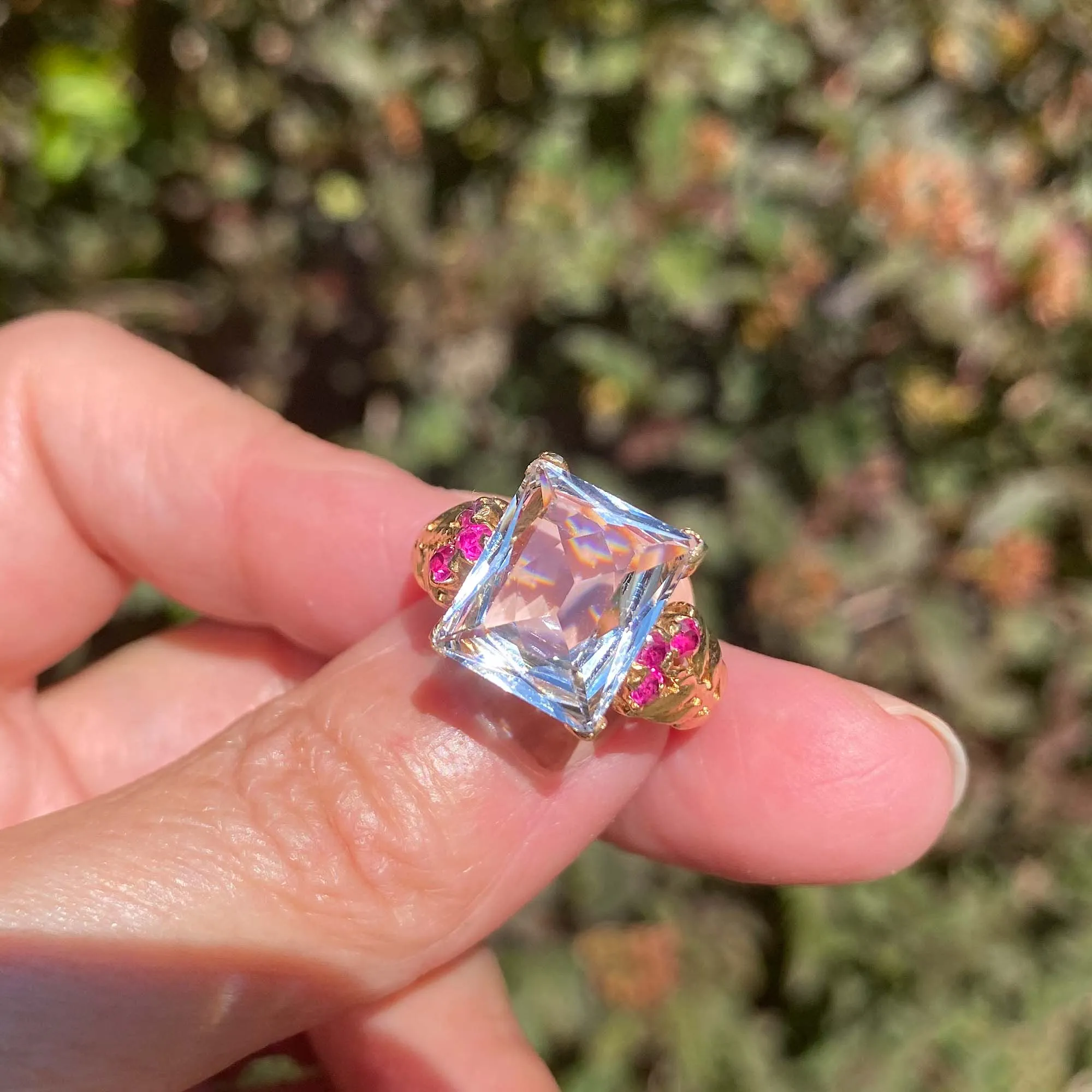 Estate Retro 14K Gold Aquamarine and Ruby Ring