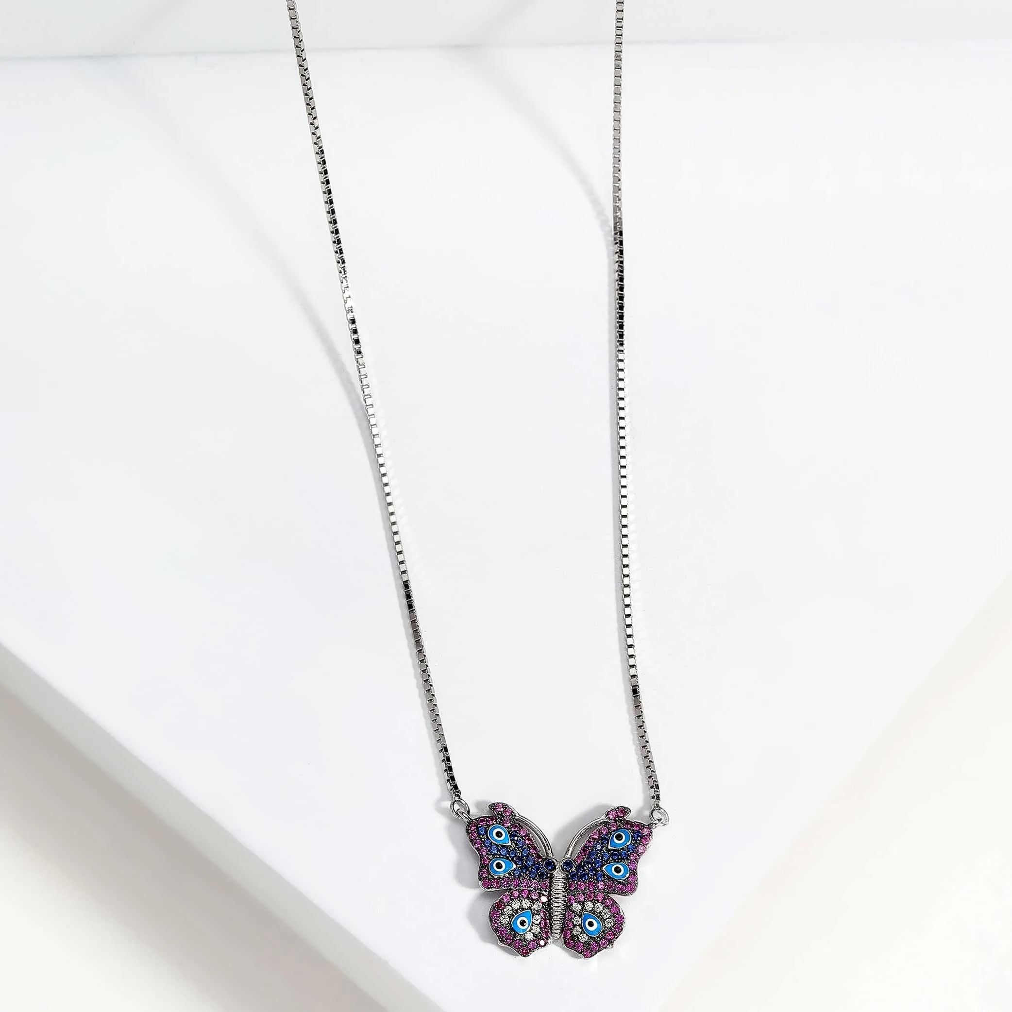 Evil Eye Butterfly Silver Necklace