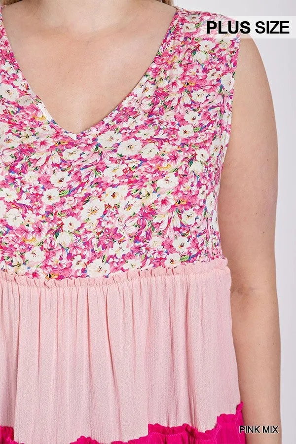 Floral Color Block Ruffle Detail Tiered V-neck Top