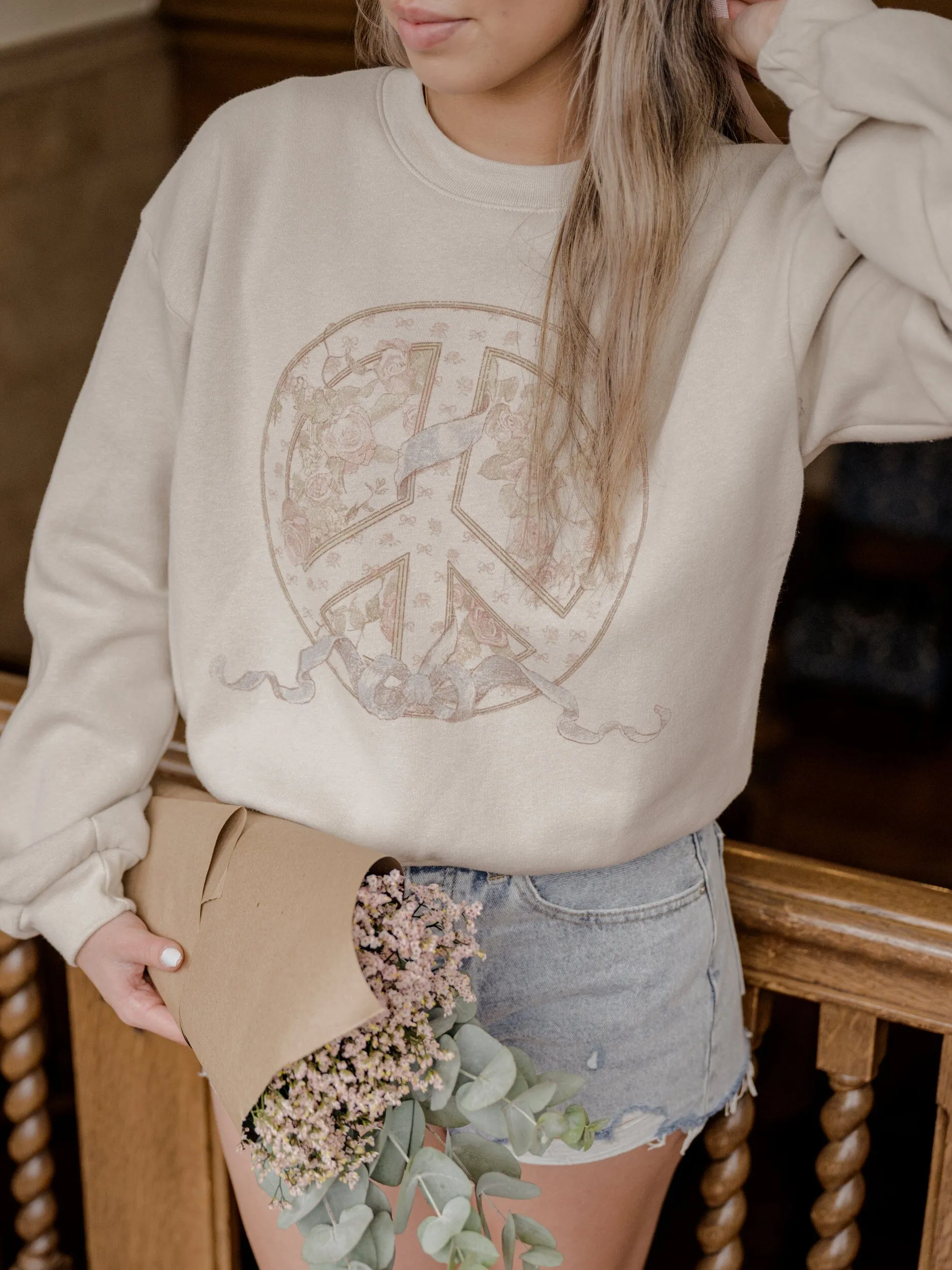 Floral Peace Sign Bone Fleece Raglan Sweatshirt