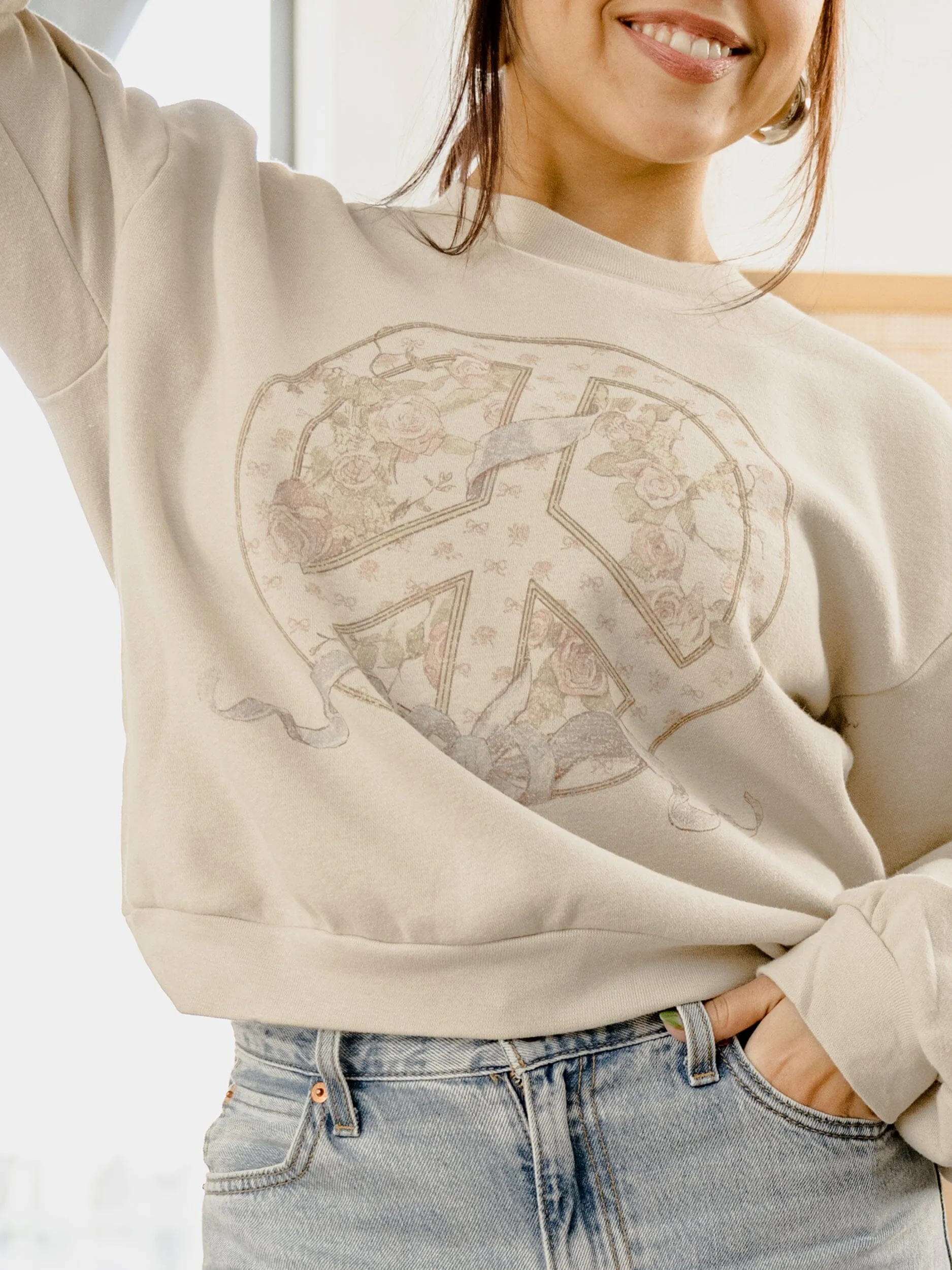 Floral Peace Sign Bone Fleece Raglan Sweatshirt