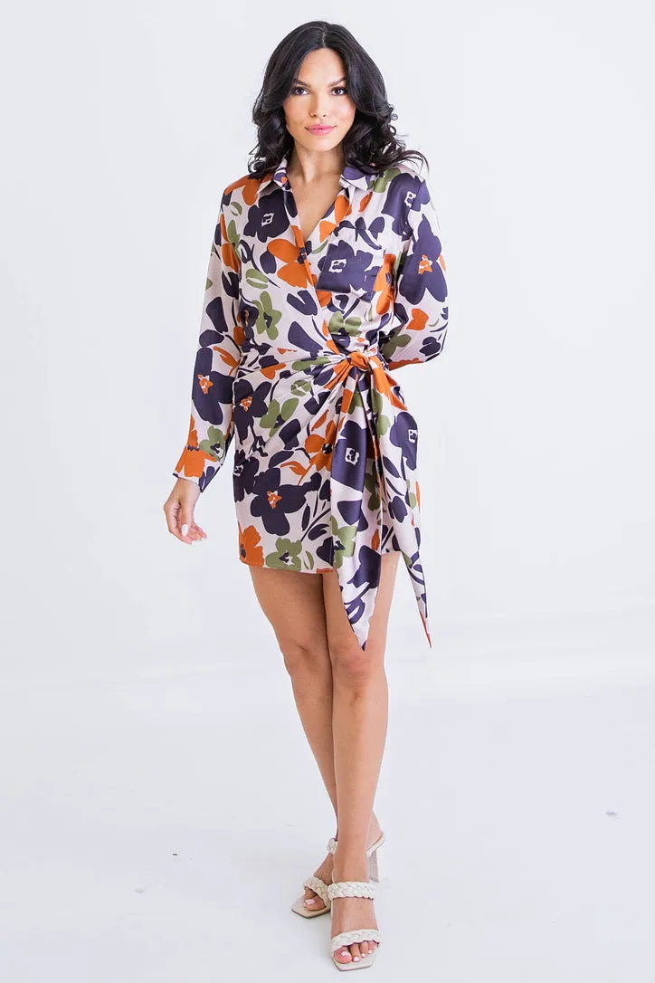 Floral Satin Wrap Dress