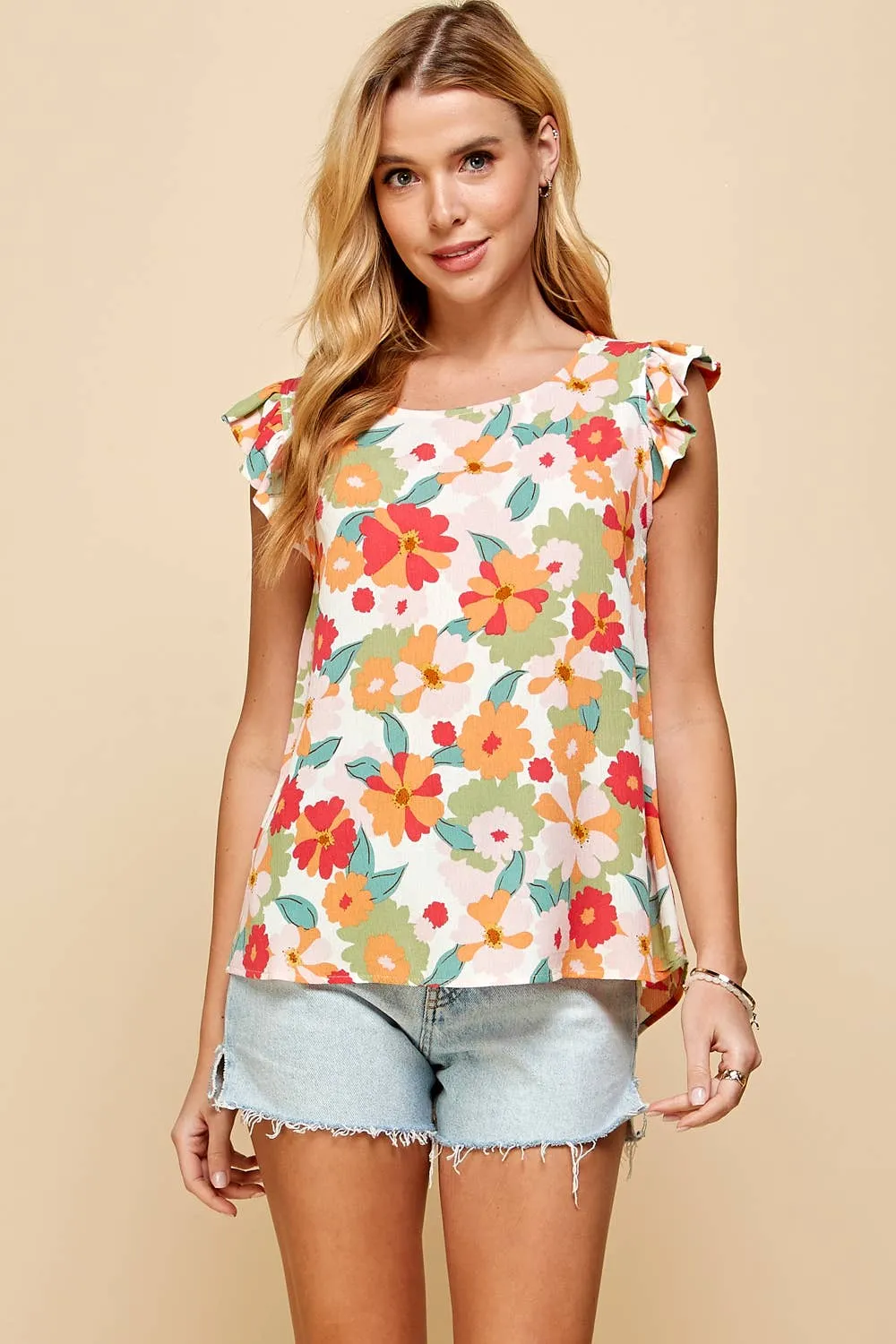 Floral Sleeveless Top with Ruffled Sleeves in Ivory