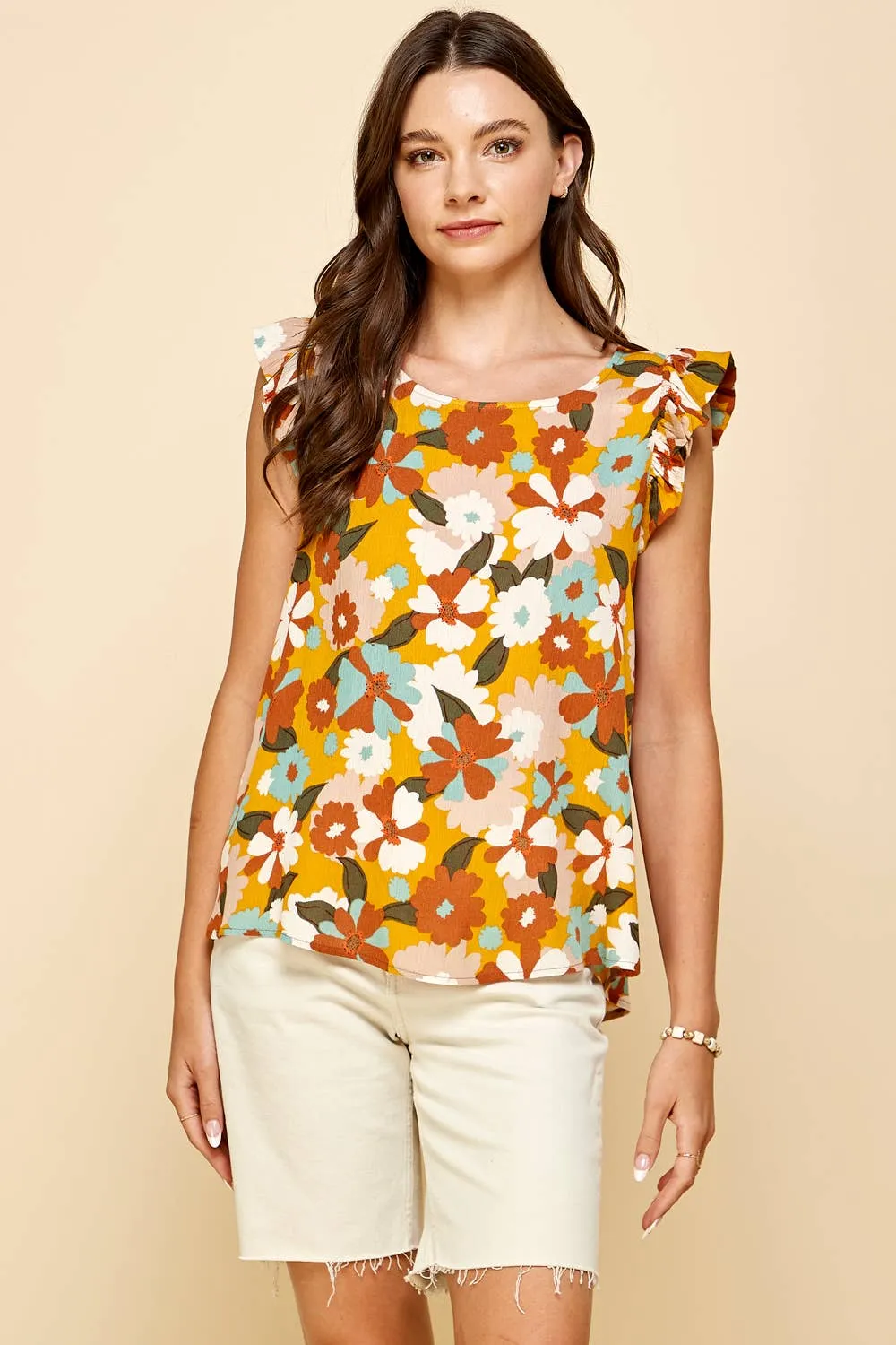 Floral Sleeveless Top with Ruffled Sleeves in Ivory