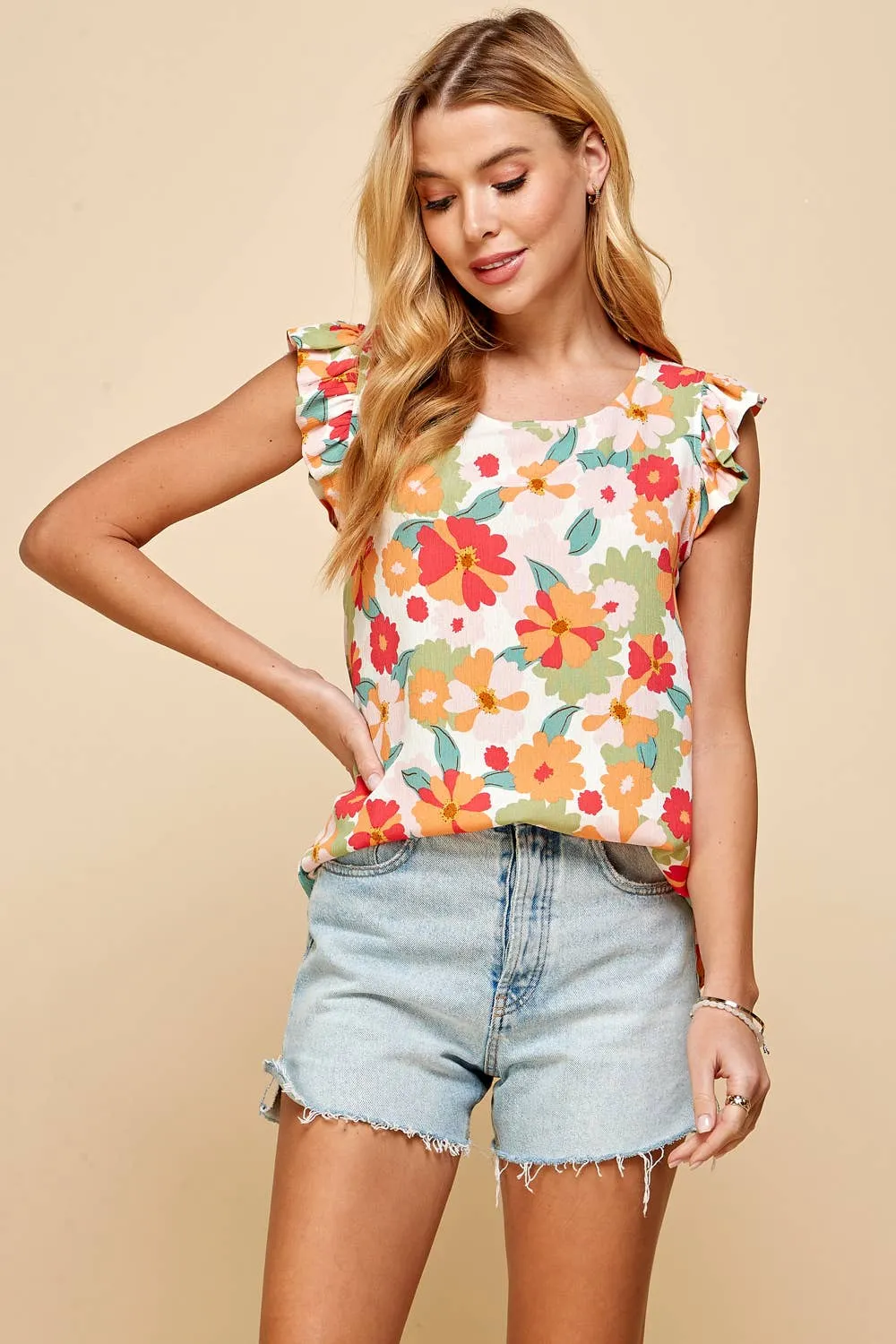 Floral Sleeveless Top with Ruffled Sleeves in Ivory